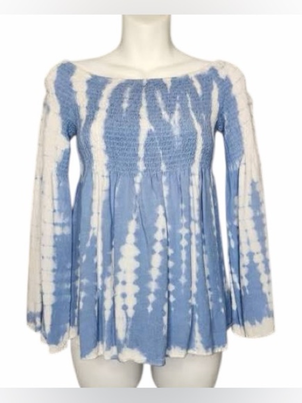 Style Envy Blue & White Smocked Tie-Dye Peasant Blouse NWT Sz S